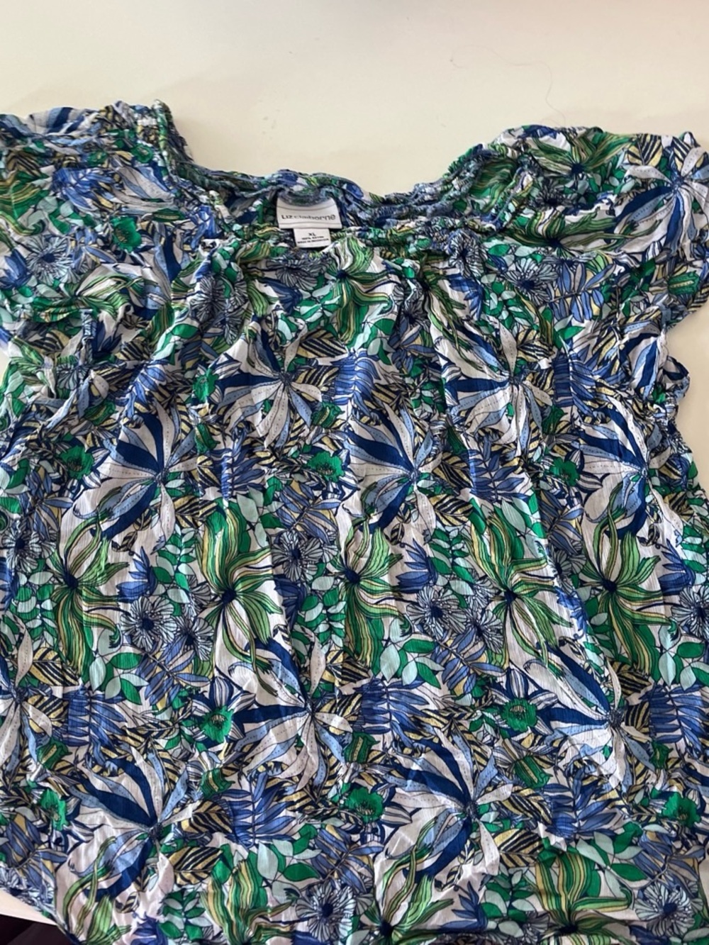 Liz Claiborne Blue, Green & White Floral Peasant Blouse